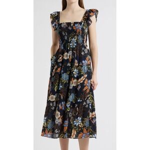 Vince Camuto Dress Womens Large Navy Blue‎ Floral Smocked Tiered Midi Sundress